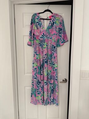 Lilly Pulitzer Pink Tropical-Print V-Neck Maxi Dress